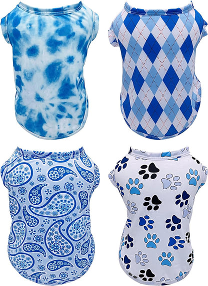 PET SHOW 4 Pack Cooling Dog Shirts Puppy Summer Clothes Paisley Vest Paw Printed Sleeveless Cats Doggies Tie Dye T-Shirts Plaid Tank Top Tee for Medium Large Dogs (XXL, Blue for Boys)