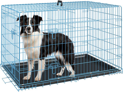 FDW Dog Crate Dog Cage Pet Crate for Large Dogs Folding Metal Pet Cage Double Door W/Divider Panel Indoor Outdoor Dog Kennel Leak-Proof Plastic Tray Wire Animal Cage (Blue, 36 Inch)