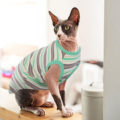 ROZKITCH Sphynx Cat Clothes, Soft Hairless Cat Shirt Stretchy Cat Sweater, Pullover Stripe Cat Pajamas, Cat Vest for Cornish Rex, Devon Rex, Peterbald Kitten Puppy Small Dog All Seasons Green M