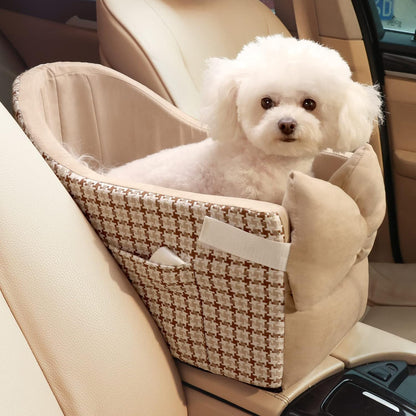 Dog Car Seat for Small Dog Booster Seat Middle Console Doggie Seat Puppy Car Seat for Small Dogs 0-15 Ibs(Brown)