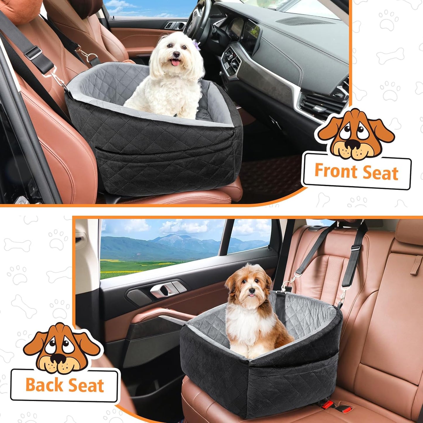 Dog Car Seat for Small Dogs,Detachable Washable Dog Booster Seat under 35Lbs, Pet Car Seat Travel Bed with Storage Pockets and Dog Safety Belt (Black/Grey)