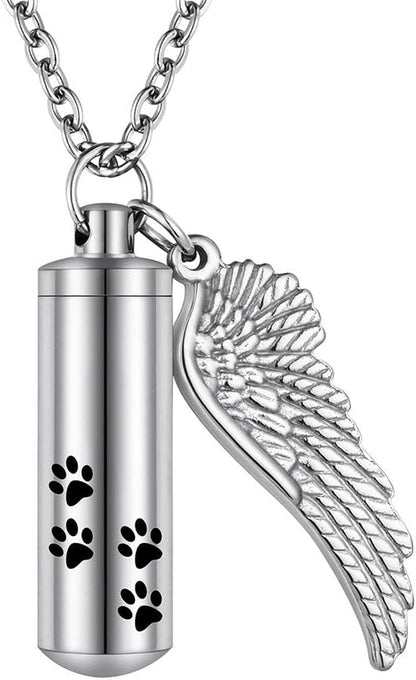 Abooxiu Cylinder Cremation Necklace for Pet Ashes Urn Necklace with Angel Wing Pet Paw Ashes Necklace for Dog/Cat Pet Memorial Keepsake Jewelry