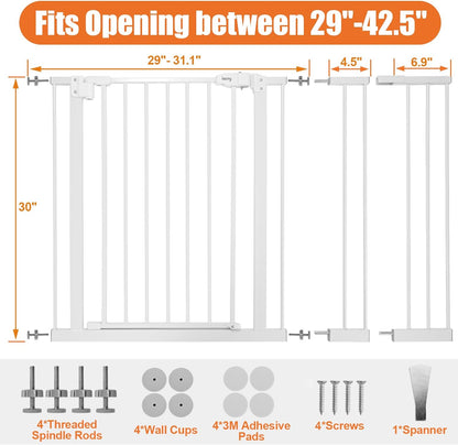 Keny 36" Extra Tall Baby Gate for Stairs, 29"-42.5" Wide Auto Close Dog Gate, Pressure Mounted Easy Walk through Pet Gate for Doorways, Durable Safety Stair Gate, White