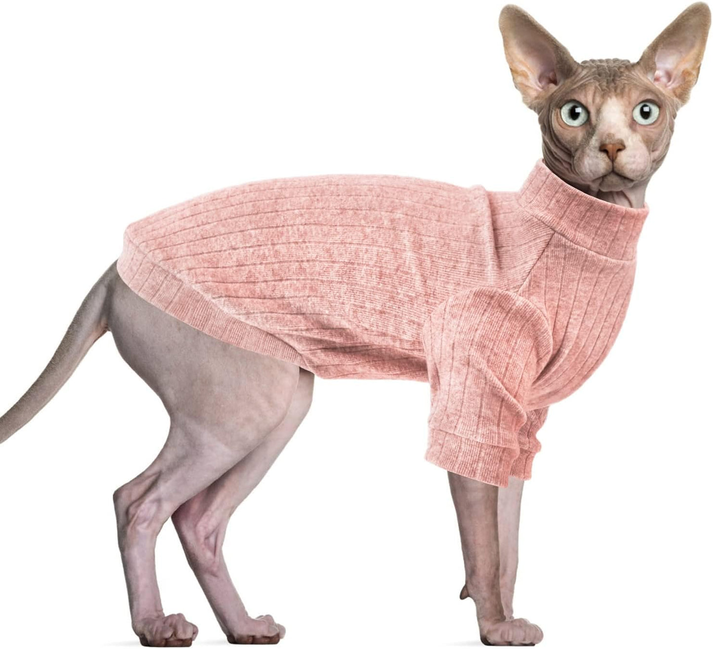 Idepet Sphynx Hairless Cats Sweater Shirt Kitten Soft Puppy Clothes Pullover Cute Cat Pajamas Jumpsuit Cotton Apparel Pet Winter Turtleneck for Cats and Teacup Chihuahua Small Dogs(Pink,L)