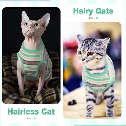 ROZKITCH Sphynx Cat Clothes, Soft Hairless Cat Shirt Stretchy Cat Sweater, Pullover Stripe Cat Pajamas, Cat Vest for Cornish Rex, Devon Rex, Peterbald Kitten Puppy Small Dog All Seasons Green M