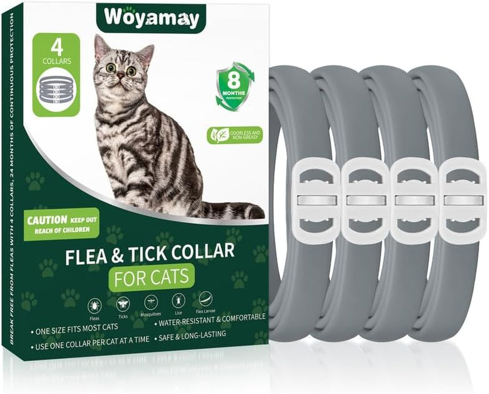 4 Pack Flea Collar for Cats, Cat Flea and Tick Treatment, 8 Months Protection Flea and Tick Prevention for Cats, Waterproof Cat Flea Collar, Adjustable Cat Flea and Tick Collar for Cats Kittens, Grey