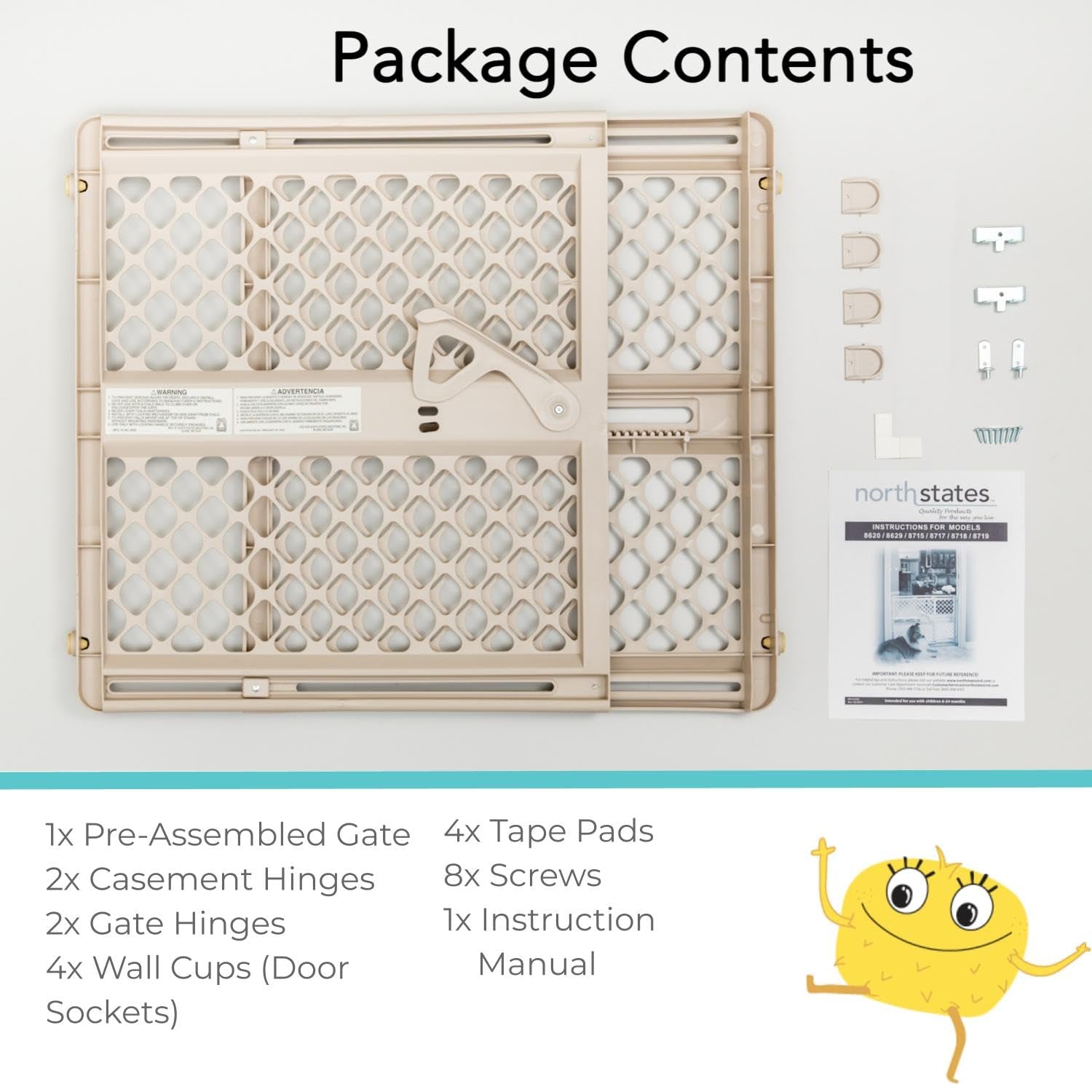 Toddleroo by North States Supergate Ergo Child Gate, Baby Gate for Stairs and Doorways. Includes Wall Cups. Pressure or Hardware Mount. Made in USA. (26" Tall, Sand)