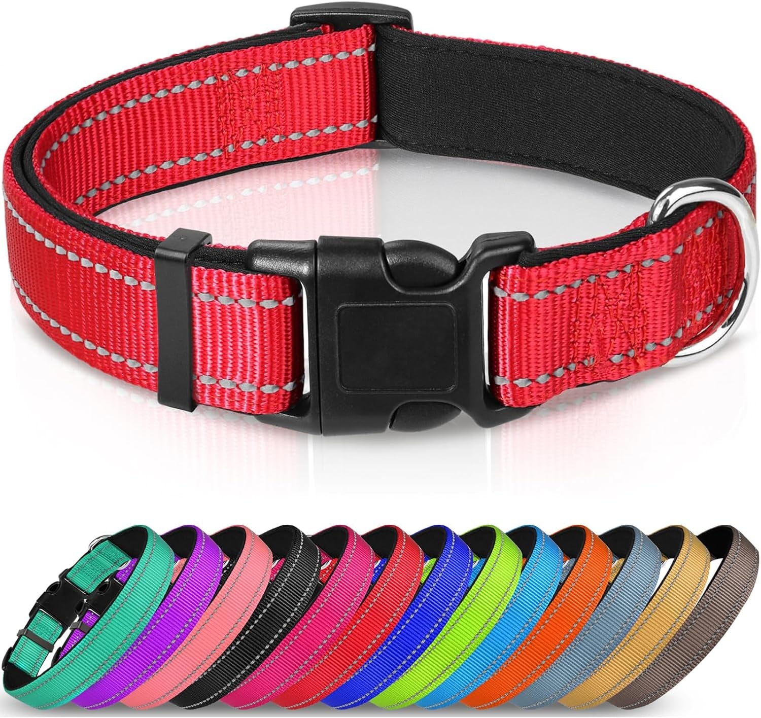 Joytale Reflective Dog Collar,Soft Neoprene Padded Breathable Nylon Pet Collar Adjustable for Medium Dogs,Red,M