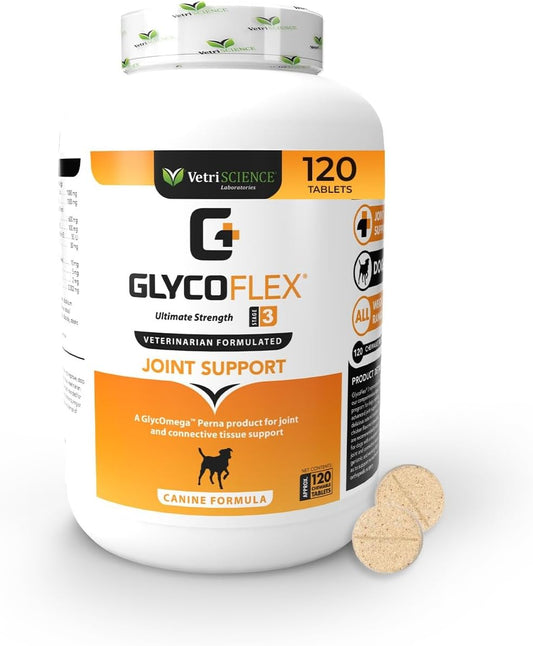 Vetriscience Glycoflex 3 Clinically Proven Hip and Joint Supplement for Dogs - Maximum Strength Dog Supplement with Glucosamine, MSM, Green Lipped Mussel & DMG - 120 Chewable Tablets, Chicken Flavor​