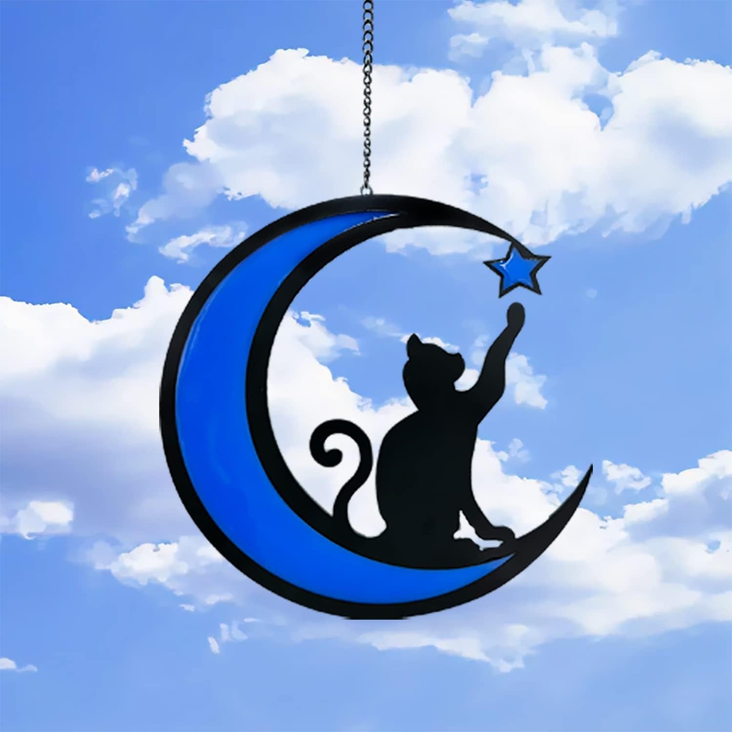 Cat Memorial Gifts Luminous Pet Memorial Gifts Sun Catcher for Cat Lovers Black Cat and Blue Moon Light on Window Loss of Cat Sympathy Gift(Green)