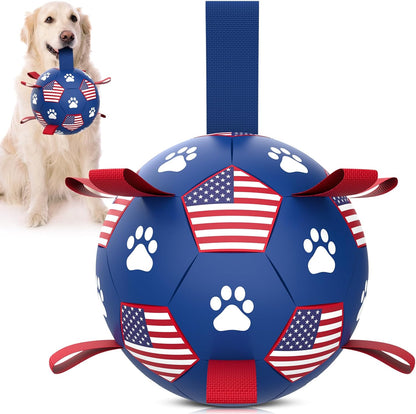 Dog Toys Soccer Ball with Straps - Durable Dog Balls for Large Dogs, Beach Pool Dog Water Toy, Dog Tug Toys for Tug of War, Puppy Dog Birthday Gifts (8 Inch)