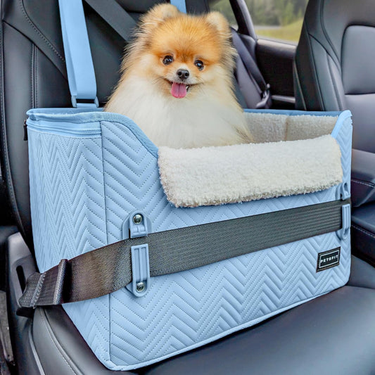 PETSFIT Dog Car Seat Medium Sized Dog, Stable Small Dog Car Seat for Car with Clip-On Leash, Fleece Liner Perfect for Small Pets up to 25Lbs (Blue)