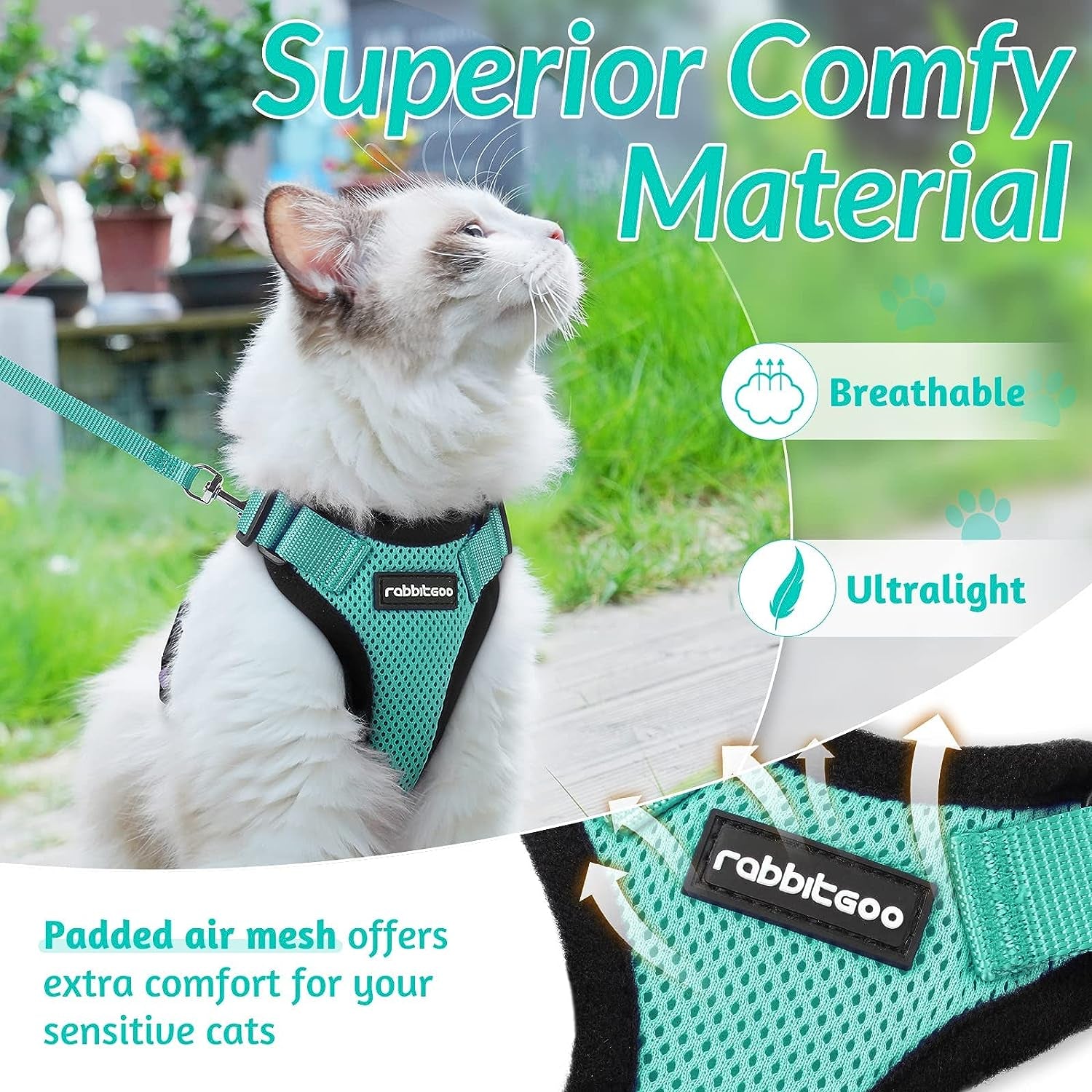 Rabbitgoo Cat Harness and Leash for Walking, Escape Proof Soft Adjustable Vest Harnesses for Cats, Easy Control Breathable Reflective Strips Jacket, Emerald, XXS