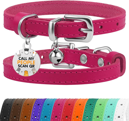 BRONZEDOG Leather Cat Collar with Bell Non Breakaway Kitten QR Tag for Girl Boy (7" - 9" for Cats, Pink & Silver)