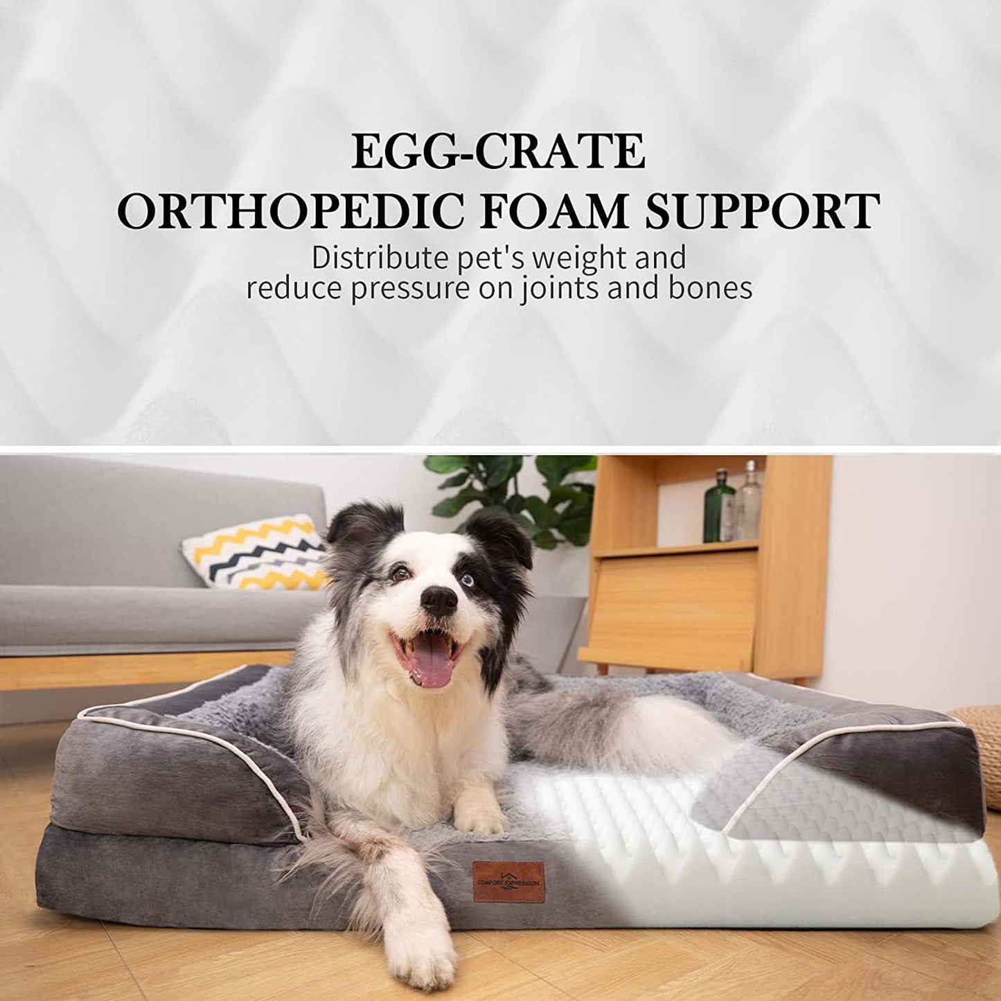 XL Dog Bed Waterproof, Extra Large Dog Beds Orthopedic Foam, Large Dog Beds with Bolster, Washable Dog Bed Sofa Pet Bed with Removable Cover & Non-Slip Bottom(X-Large,Grey White)