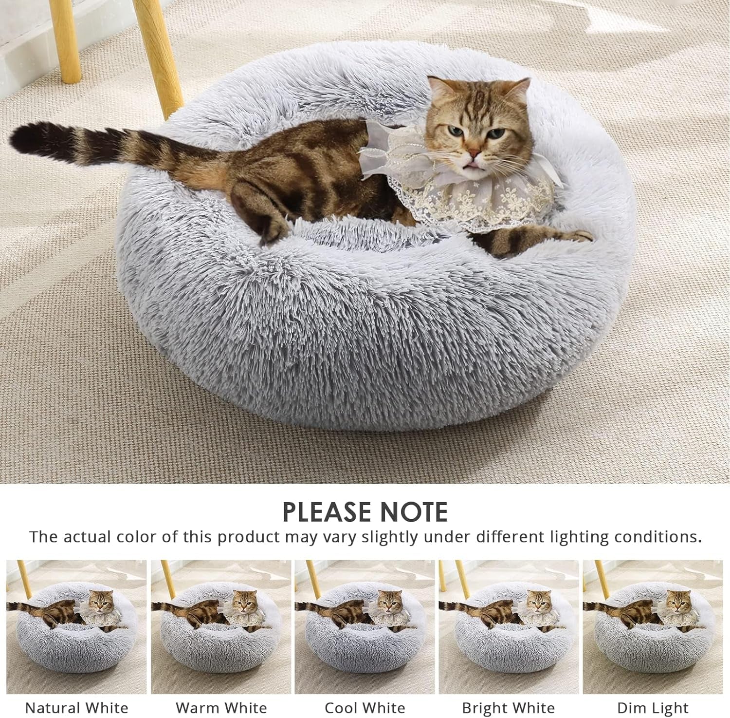 JOLLYVOGUE Calming Donut Dog Bed & Cat Bed, Anti-Anxiety Washable Dog round Bed, Fluffy Faux Fur Plush Dog Cuddler Bed, Warming Cozy Soft Dog Cat Cushion Bed for Small Medium Dogs and Cats (24",Black)