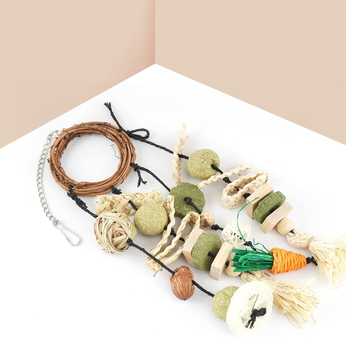 Bissap Bunny Chew Toy, Rabbits Cage Hanging Chew Toys and Treats Rattan Ring with Snacks for Guinea Pigs Chinchillas Hamsters Rats and Other Small Pets Teeth Grinding