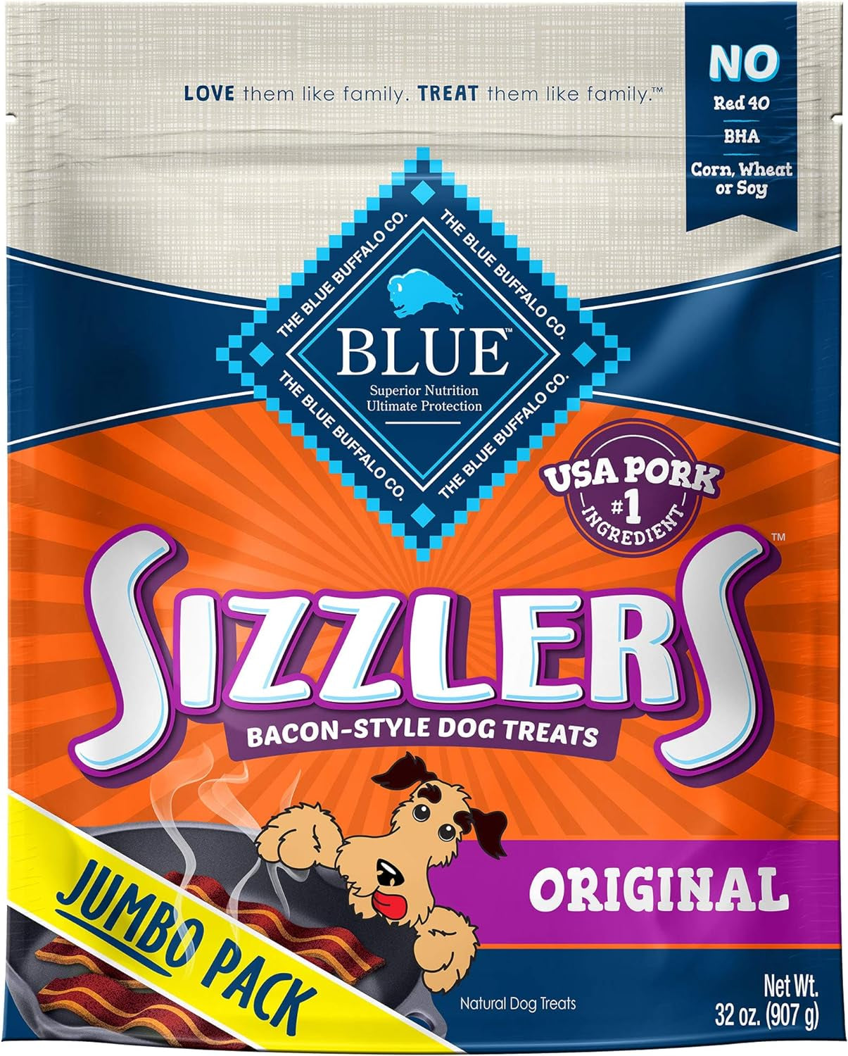 Blue Buffalo Sizzlers Natural Bacon-Style Soft-Moist Dog Treats Original Pork 32-Oz Bag