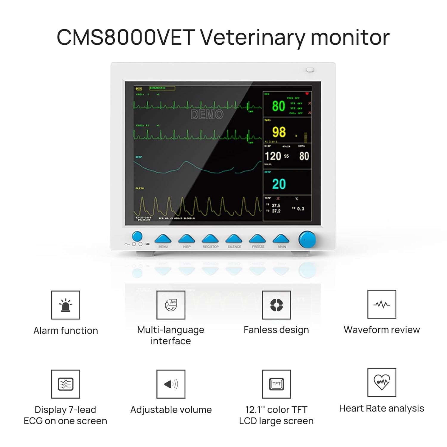 CONTEC CMS8000VET 6 Parameter Veterinary Monitor, PET Vet Portable Patient Monitor Multiparameter, 12.1" LCD for Animal Clinic Home Use,Dog Cat