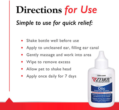 Zymox Otic Enzymatic Solution for Dogs and Cats to Soothe Ear Infections with 1% Hydrocortisone for Itch Relief, 1.25Oz