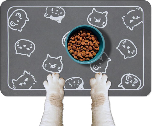 YCT Cat Food Mat for Pet Dog Food Mat, Cat Mat for Food and Water, Cat Feeding Mat Pet Dog Cat Bowl Mat, Non-Slip Super Absorbent, with Multiple Cat Heads Logo，24 X 16.9 Inches, Dark Grey