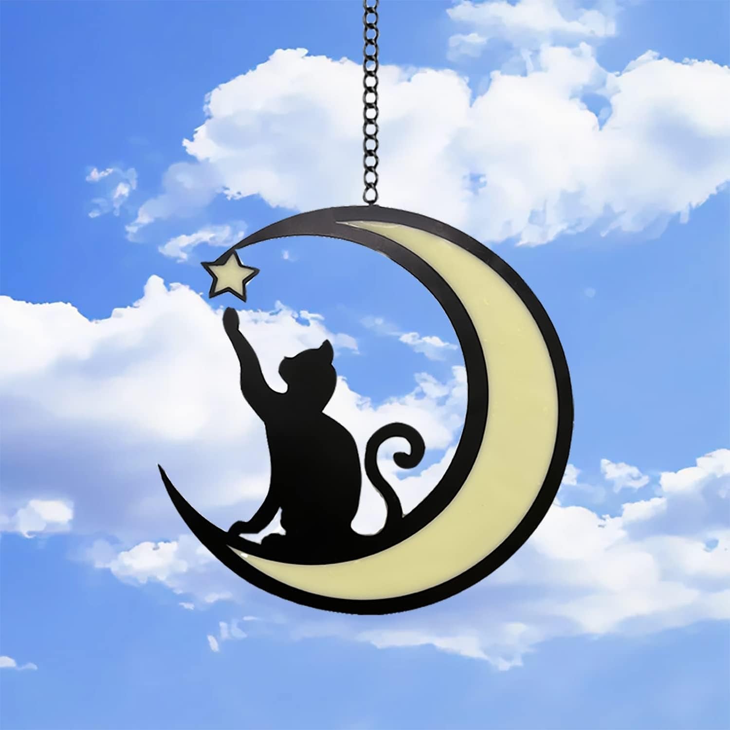 Cat Memorial Gifts Luminous Pet Memorial Gifts Sun Catcher for Cat Lovers Black Cat and Blue Moon Light on Window Loss of Cat Sympathy Gift(Green)