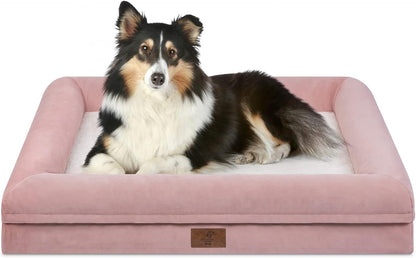 Large Dog Bed, Pink Orthopedic Dog Bed, Waterproof Dog Bed with Removable Cover, 4-Sides Removable Bolster Dog Soft Sofa Bed with Nonskid Bottom, Washable Dog Beds for Large Dogs