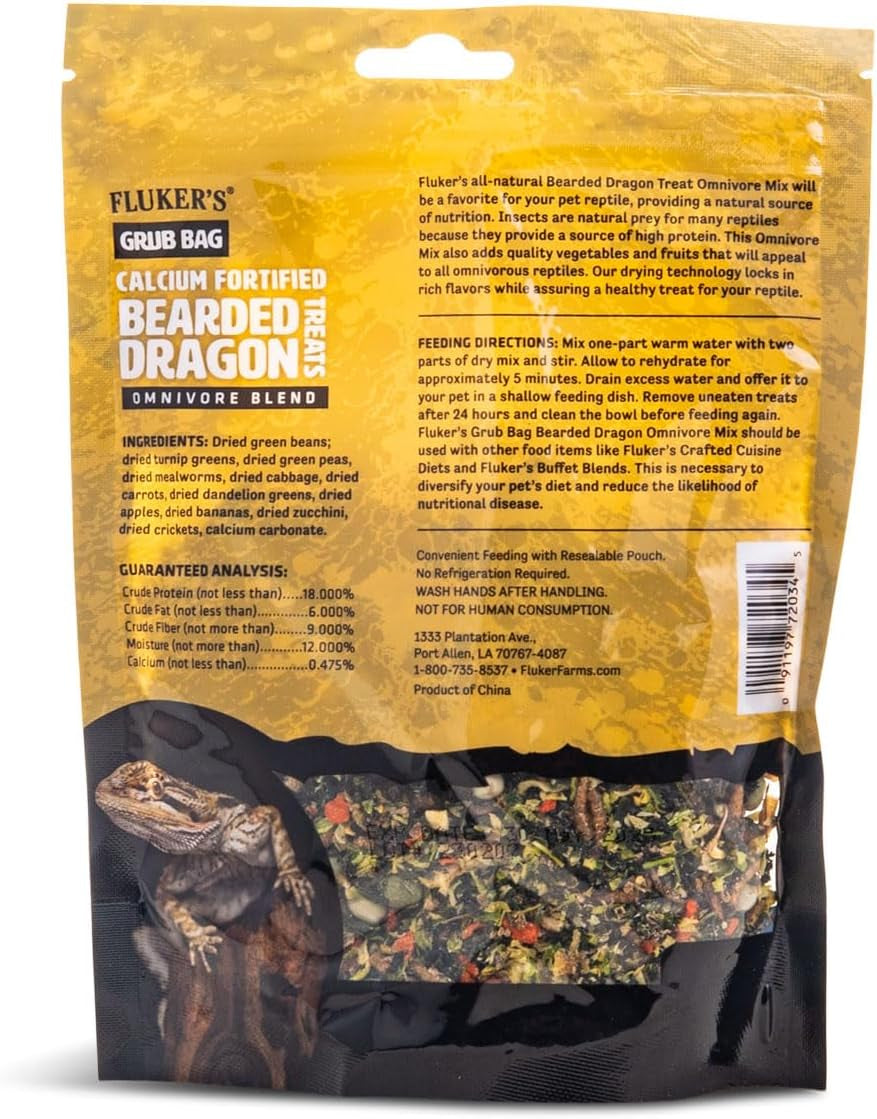 Fluker's Grub Bag Calcium Fortified Treats, All Natural Omnivore Blend Packed with Protein, Fruits, and Vegetables, for Bearded Dragons and Reptiles, 4 oz