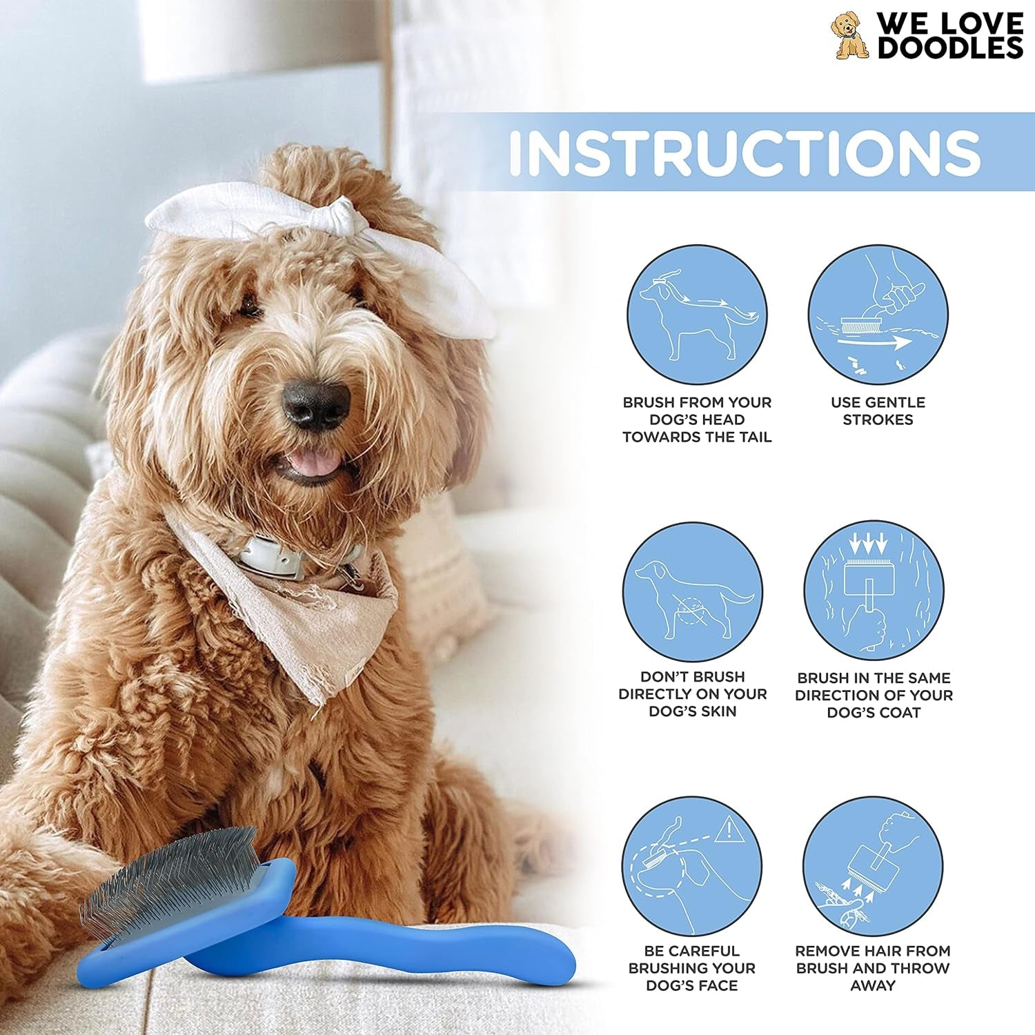 We Love Doodles Dog Slicker Brush for Grooming Pet Hair - Best Brushes for Poodle & Golden Doodle - Long Haired Brush for Dogs - Goldendoodle Long Pin Brush for Dematting (Medium Curved)