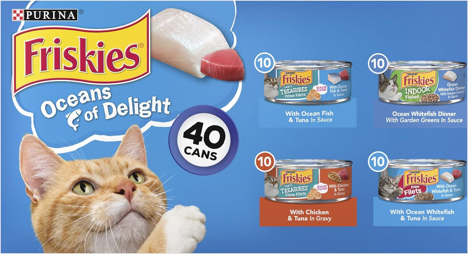 Purina Friskies Wet Cat Food Variety Pack, Oceans of Delight Flaked & Prime Filets - 5.5 Oz. Cans (Pack of 40)