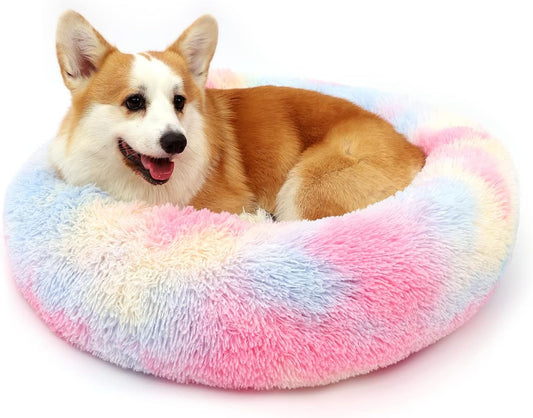 Dog Bed Calming Dog Beds for Small Medium Large Dogs - round Donut Washable Dog Bed, Anti-Slip Faux Fur Fluffy Donut Cuddler Anxiety Cat Bed(20"/27"/35") (L 36''X36'', Color)