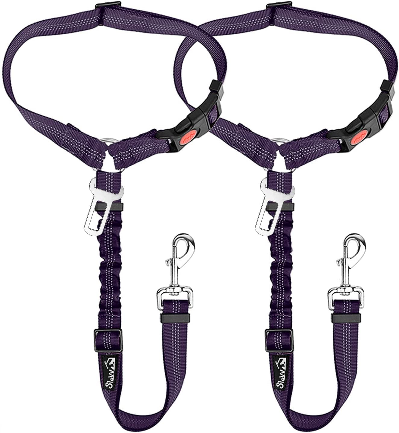 Slowton Dog Seat Belt for Car, 2 Pack Dog Car Harness Seatbelt Adjustable with Elastic Bungee Buffer, 2 in 1 Pet Car Leash Headrest Restraint Dog Reflective Safety Tether (Purple, Headrest+Clip)