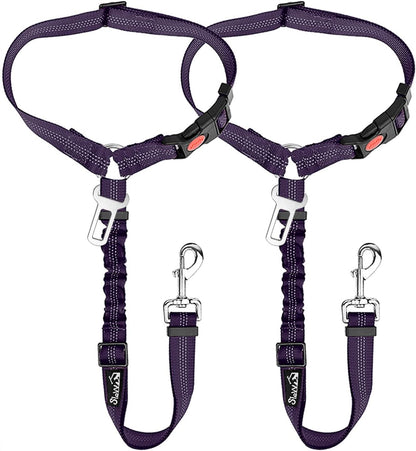 Slowton Dog Seat Belt for Car, 2 Pack Dog Car Harness Seatbelt Adjustable with Elastic Bungee Buffer, 2 in 1 Pet Car Leash Headrest Restraint Dog Reflective Safety Tether (Purple, Headrest+Clip)