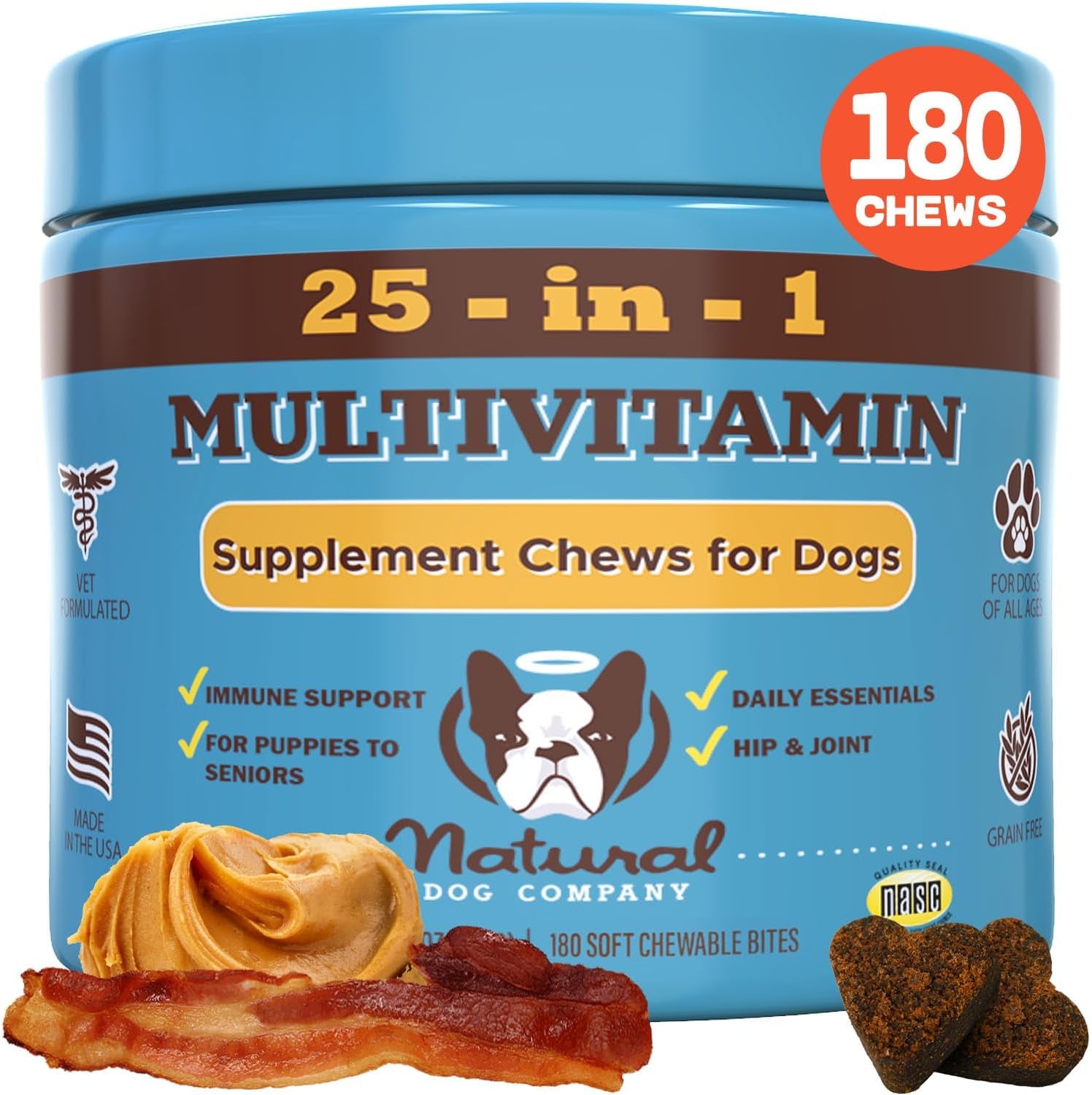 Natural Dog Multivitamin Chews (180 Pcs) Dog Vitamins & Supplements, Peanut Butter & Bacon Flavor, Dogs, Supports Immune System, Antioxidant