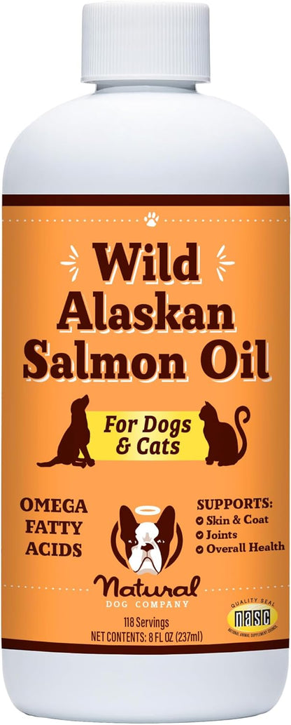 Natural Dog Company Pure Wild Alaskan Salmon Oil for Dogs (8Oz) Skin & Coat Supplement for Dogs, Dog Oil for Food with Essential Fatty Acids, Fish Oil Pump for Dogs, Omega 3 Fish Oil for Dogs