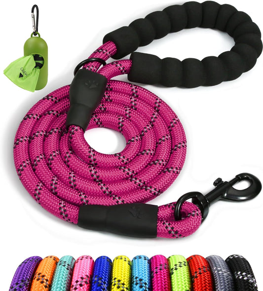 Taglory Rope Dog Leash 6 FT with Comfortable Padded Handle, Highly Reflective Threads Dog Leash for Small Dogs, 3/8 Inch, Hotpink