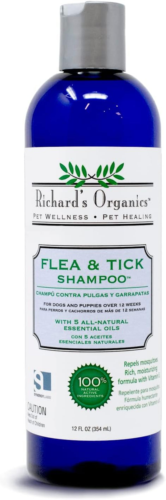 Richard’S Organics Flea and Tick Shampoo for Dogs – 100% All-Natural Actives Kills Fleas, Ticks and Repels Mosquitos – Gentle, Won’T Dry Skin, Great Smelling Essential Oils (12Oz Bottle),Fg00440