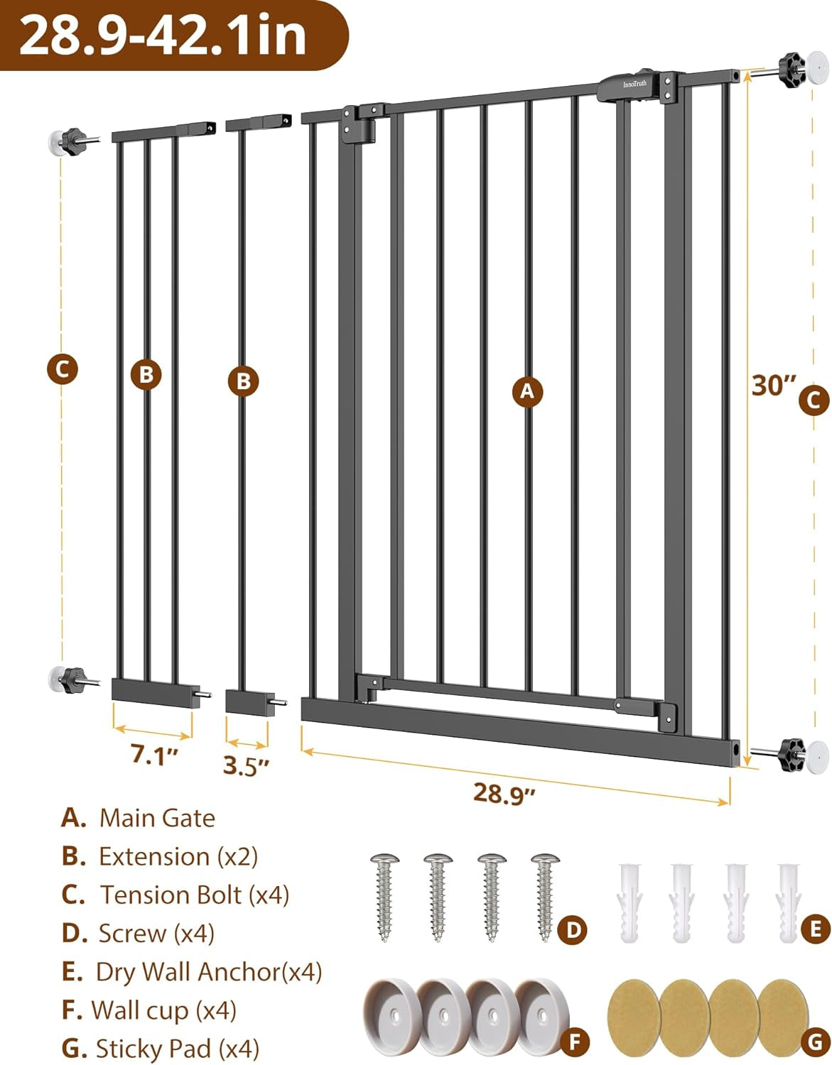Innotruth 39.6” Dog Gate for Stairs & Doorways, 30" Tall Baby Gate Pressure Mount Pet Gates, Easy Step Auto Close Both Sides Walk Thru Child Gate, Dual-Lock Safety Design and One-Hand Opening, Black