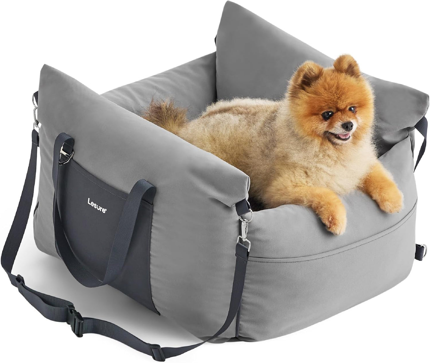 Lesure Small Dog Car Seat for Small Dogs - Waterproof Dog Booster Seat for Car with Storage Pockets and Clip-On Safety Leash and Thickened Memory Foam Filling, Pet Carseat Travel Carrier Bed, Grey