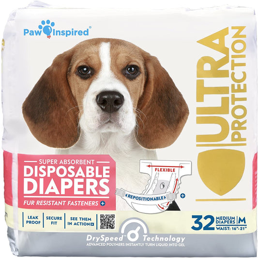 Paw Inspired 32Ct Disposable Dog Diapers | Female Dog Diapers Ultra Protection | Diapers for Dogs in Heat, Excitable Urination, or Incontinence (Medium)