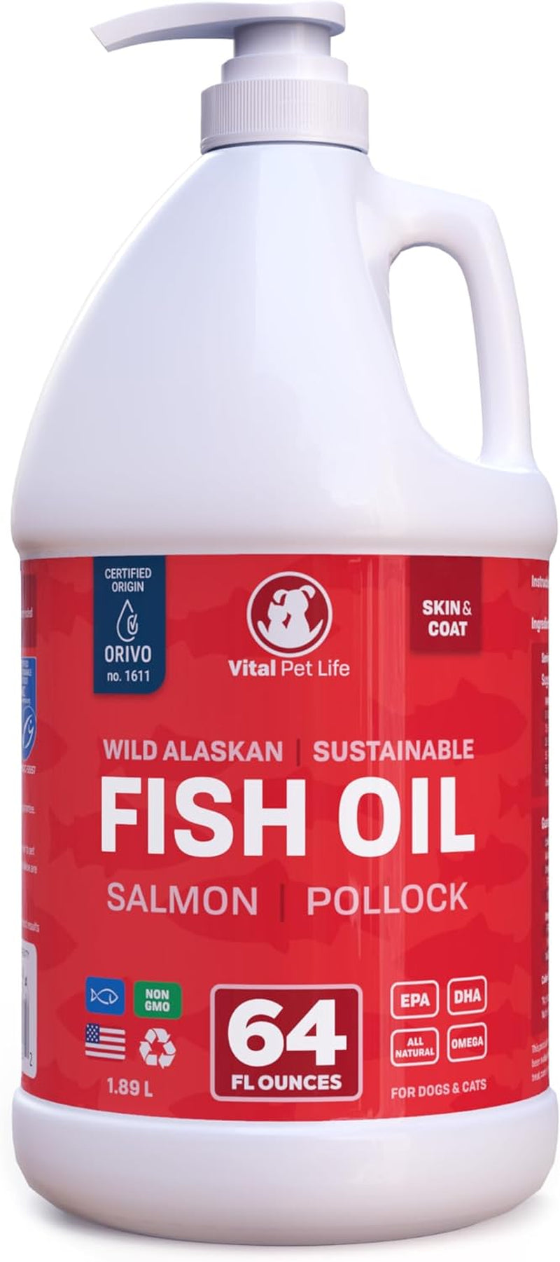 Fish Oil for Dogs - Healthy Skin & Coat, Salmon, Pollock, All Natural Supplement for Pets, Itching Scratching Allergy & Inflammation Defense, Omega 3 EPA DHA, Brain & Heart Health, 64 Oz