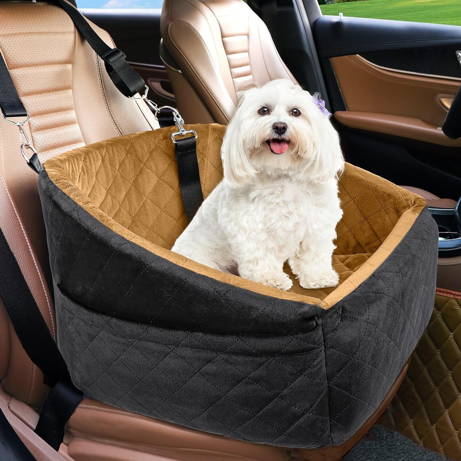 Dog Car Seat for Small Medium Dogs,Detachable Washable Dog Booster Seat under 35Lbs, Pet Car Seat Travel Bed with Storage Pockets and Dog Safety Belt(Black/Brown)