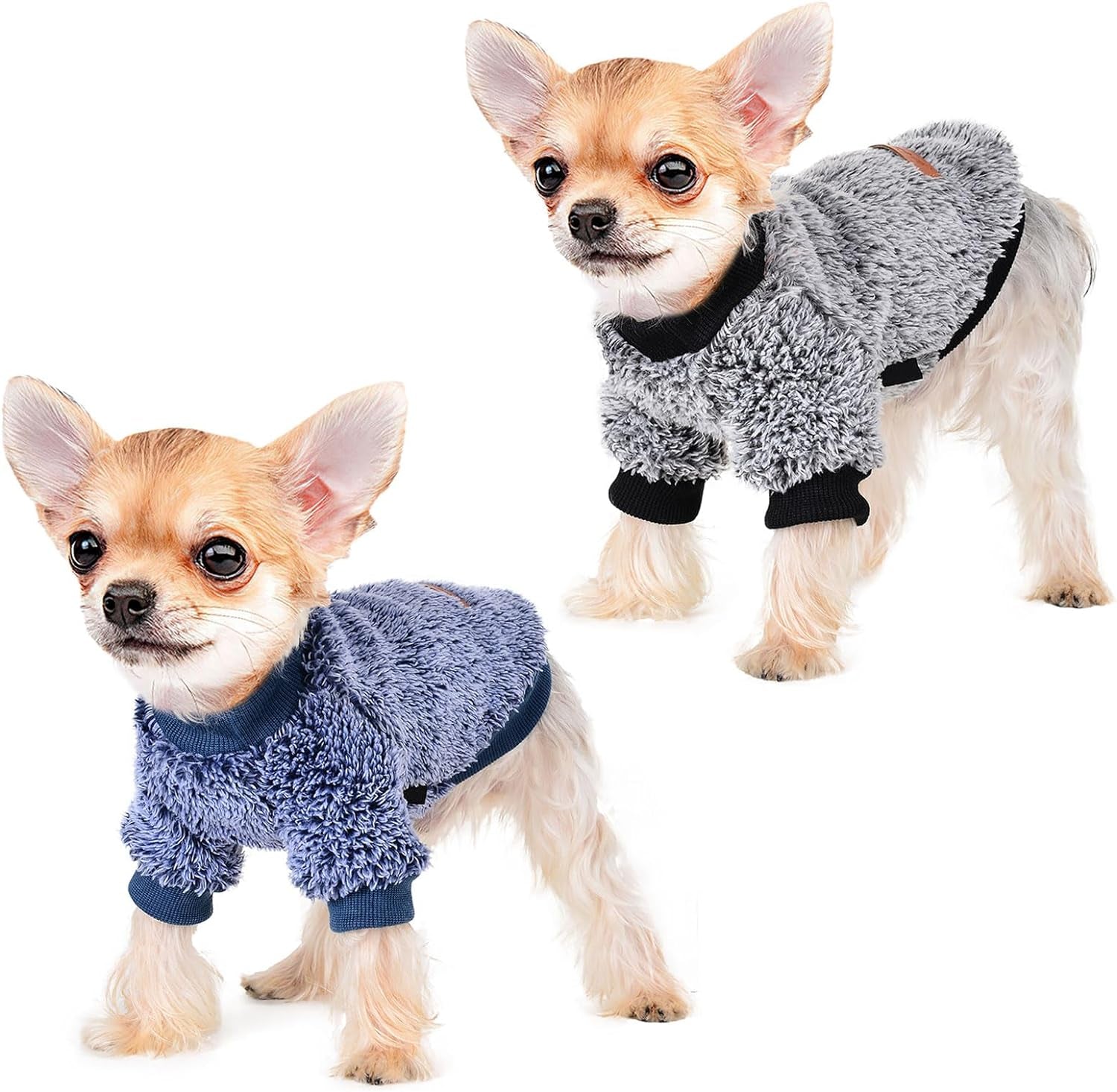 Dog Sweaters for Small Dogs, Chihuahua Fleece Clothes, XS Dog Clothes Winter Warm Puppy Sweaters Boys Girls Dog Outfits for Chihuahua Teacup Yorkie, Pet Cat Clothes (Blue,Grey, Small)