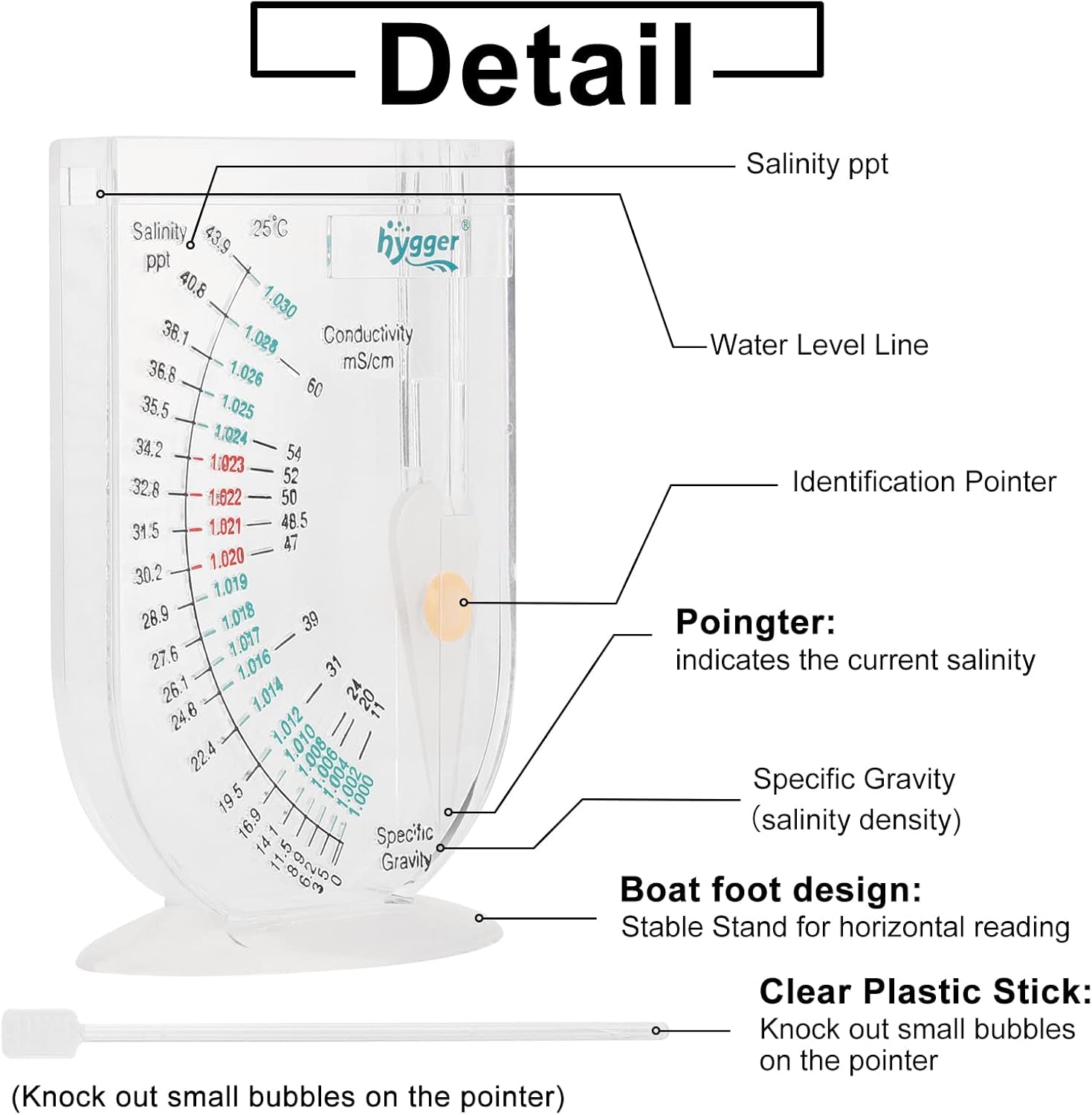 hygger Salinity Tester, Transparent Acrylic Aquarium Hydrometer Sea Specific Gravity Test Salinity Meter for Fish Tank Pond Water Saltwater Freshwater, Accurate Automatic Hydrometer