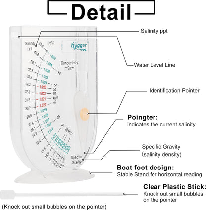 hygger Salinity Tester, Transparent Acrylic Aquarium Hydrometer Sea Specific Gravity Test Salinity Meter for Fish Tank Pond Water Saltwater Freshwater, Accurate Automatic Hydrometer