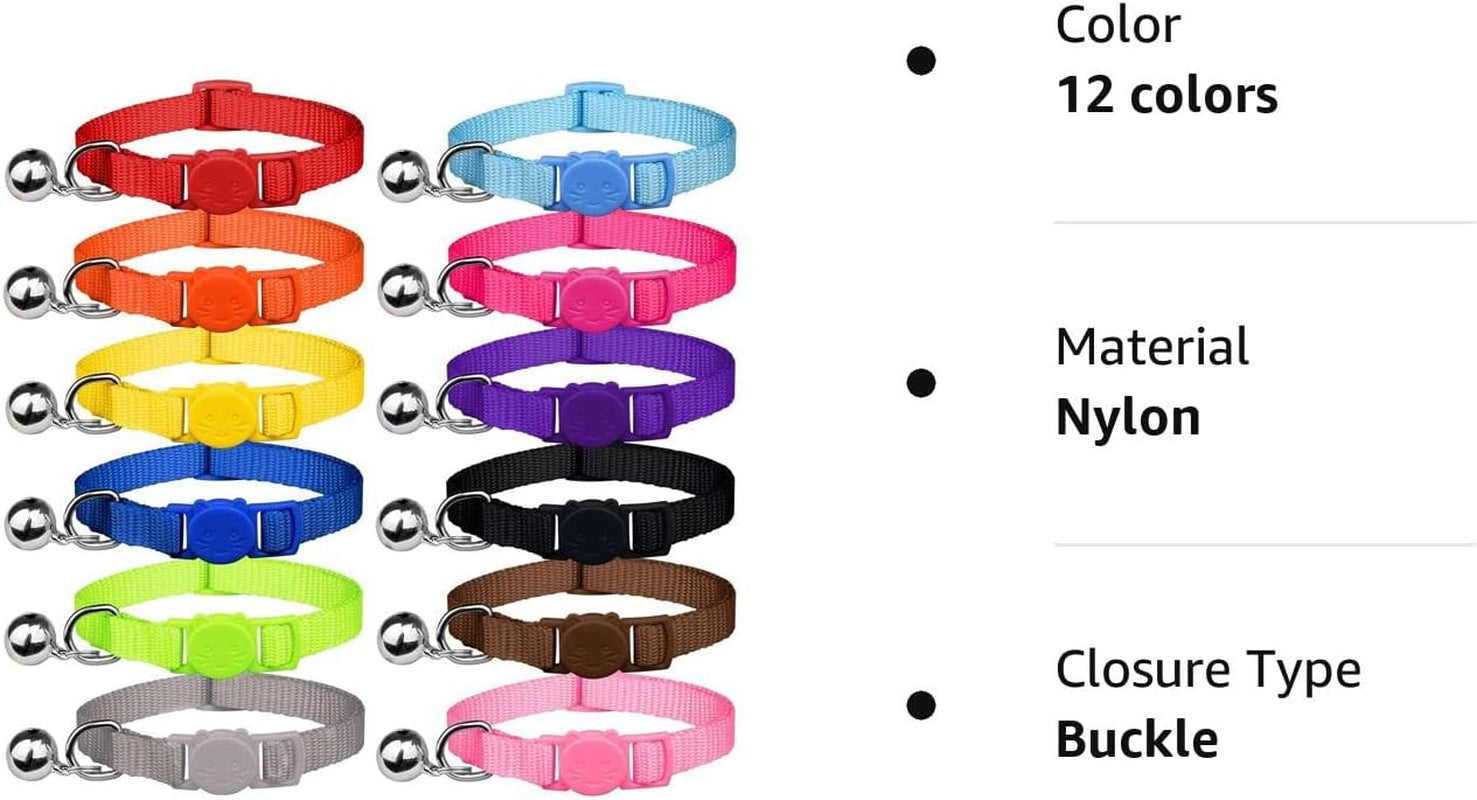 12 PCS Breakaway Cat Collars with Bell Colorful Soft Safety Buckle Cat Collars Adjustable Breakaway Kitten Collars Safety Collars for Cats, 7 In-11 In