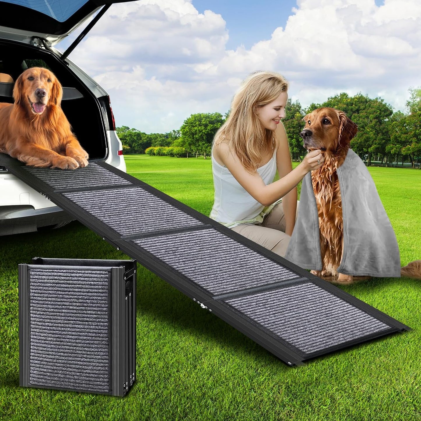 Dog Ramp for Car, 67" Long Portable Folding Pet Ramp with Extra Pet Blanket, Car Ramp with Non-Slip Rug Surface, Wider Dog Steps Perfect for Medium & Large Dogs Up to 260LBS Enter a Car, SUV & Truck