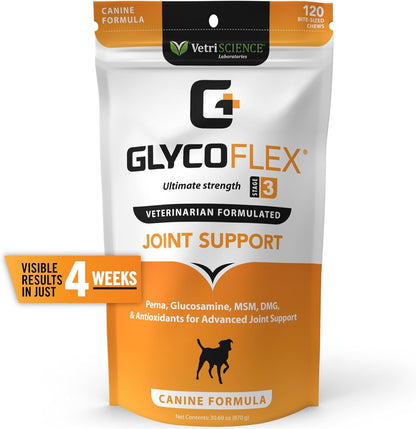 Vetriscience Glycoflex 3 Clinically Proven Hip and Joint Support Supplement for Small Dogs - Maximum Strength Dog Supplement with Glucosamine, MSM, Green Lipped Mussel & DMG - 60 Chews,Chicken Flavor​