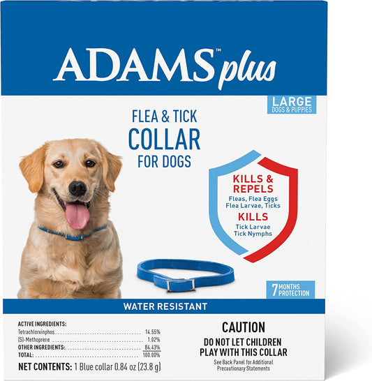 Adams plus Flea & Tick Collar for Dogs, 7-Month Protection, Adjustable Collar Fits Large Dogs & Puppies, Kills & Repels Fleas, Flea Eggs, Flea Larvae and Ticks, Kills Tick Larvae and Tick Nymphs, Blue