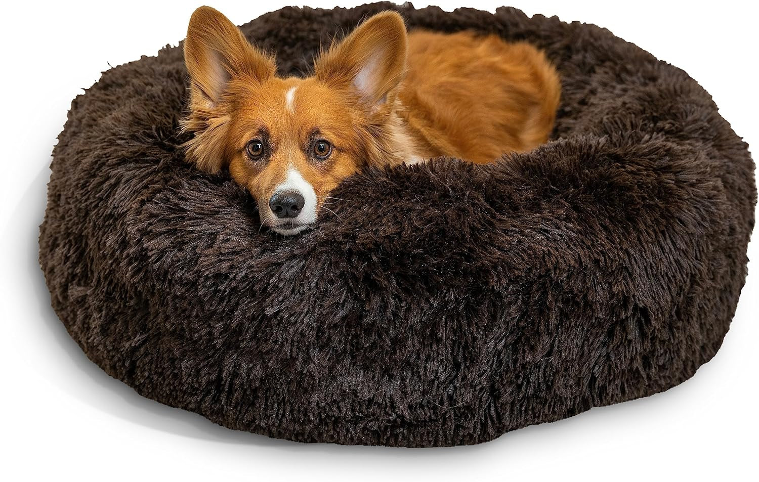 Best Friends by Sheri the Original Calming Donut Cat and Dog Bed in Shag Fur Dark Brown, Medium 30"